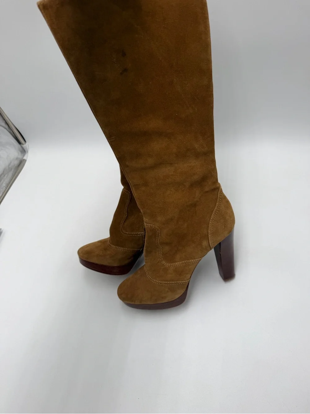 Vintage Michael Kors Suede Knee High Boots Tan Leather Platform Heels 7.5 M